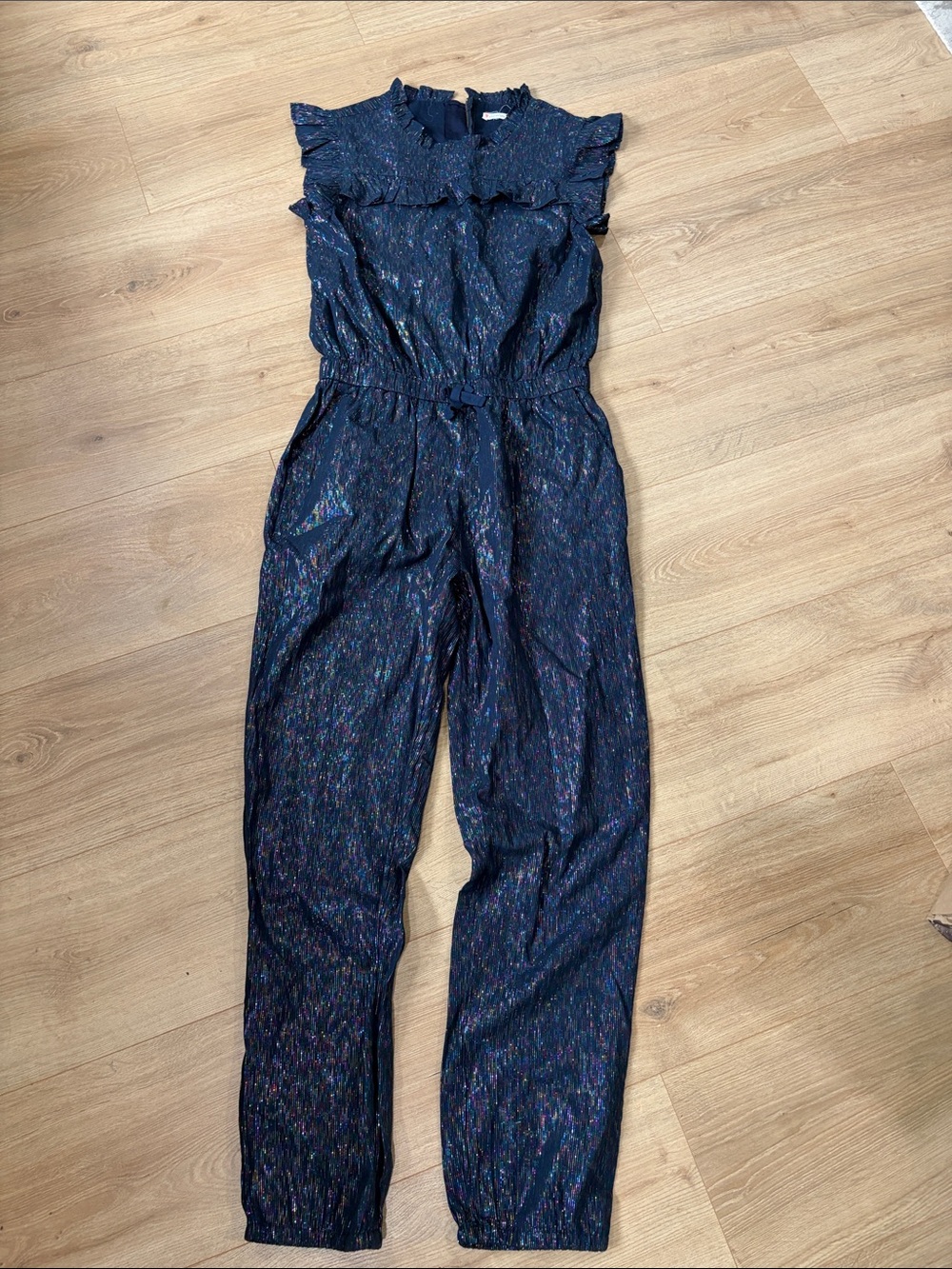 Crewcuts Navy Metallic Speckled Jumpsuit with Ruffle Neck size girls 14